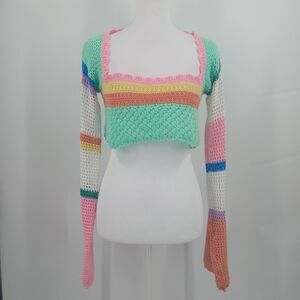 Crochet Colorblock Sweater Womens Medium Multicolor Pastels Artsy